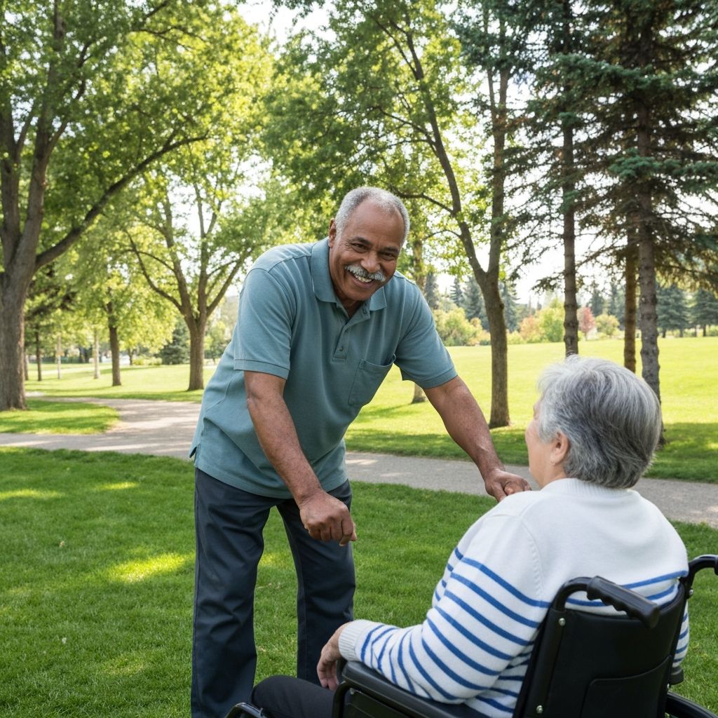 Support worker assisting person in wheelchair at park