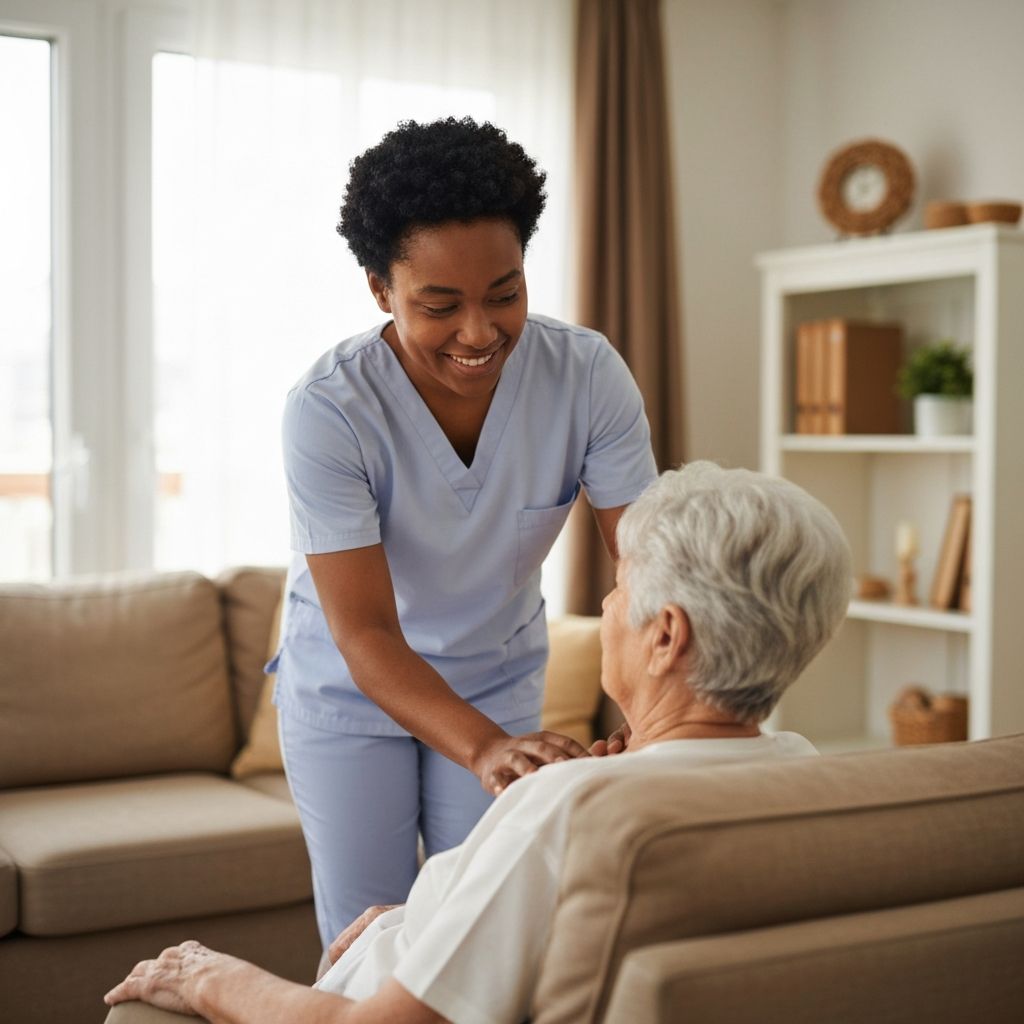Caregiver providing home care support in living room